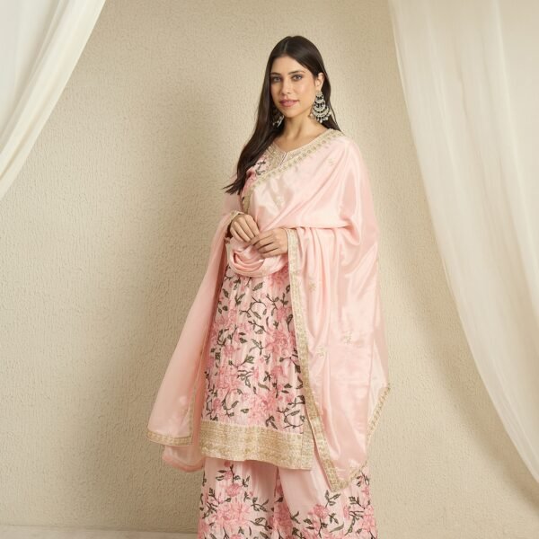 Light Pink Embroidered Kurta Palazzo | Round Neck | Knee Length