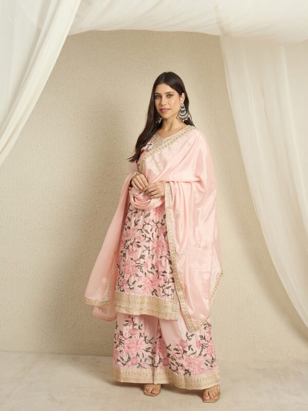Light Pink Embroidered Kurta Palazzo | Round Neck | Knee Length