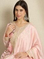 Light Pink Embroidered Kurta Palazzo | Round Neck | Knee Length