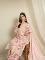 Light Pink Embroidered Kurta Palazzo | Round Neck | Knee Length