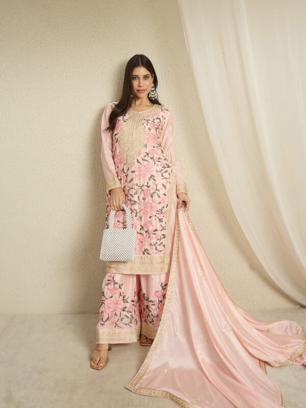 Light Pink Embroidered Kurta Palazzo | Round Neck | Knee Length