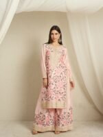 Light Pink Embroidered Kurta Palazzo | Round Neck | Knee Length