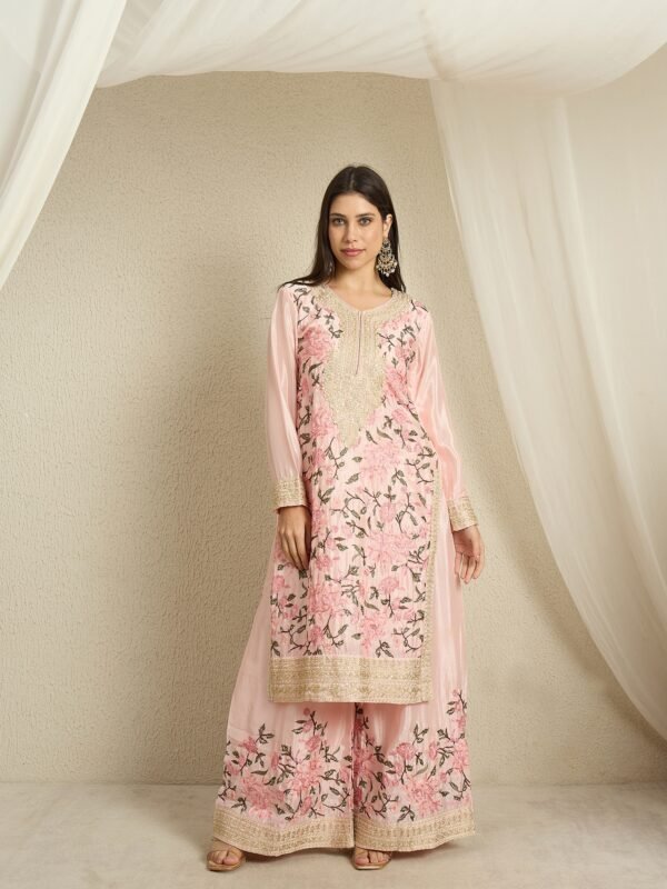 Light Pink Embroidered Kurta Palazzo | Round Neck | Knee Length