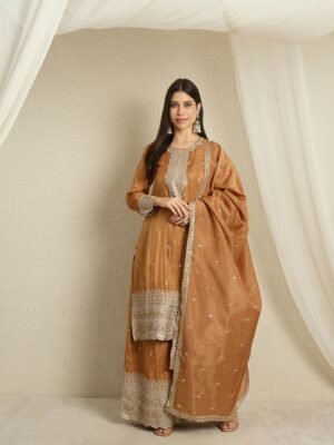 Brown Organza Embroidered Straight Kurta Palazzo Set with Dupatta