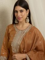 Brown Organza Embroidered Straight Kurta Palazzo Set with Dupatta