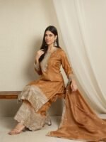 Brown Organza Embroidered Straight Kurta Palazzo Set with Dupatta