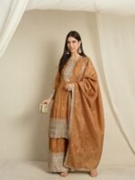 Brown Organza Embroidered Straight Kurta Palazzo Set with Dupatta