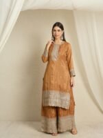 Brown Organza Embroidered Straight Kurta Palazzo Set with Dupatta