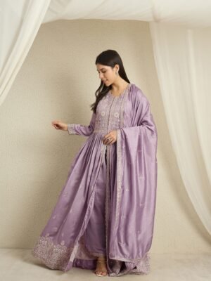 Light Purple Embroidered Anarkali Kurta Palazzo Set in Vichitra Silk