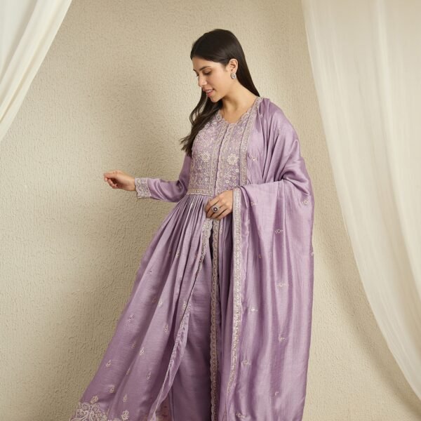 Light Purple Embroidered Anarkali Kurta Palazzo Set in Vichitra Silk