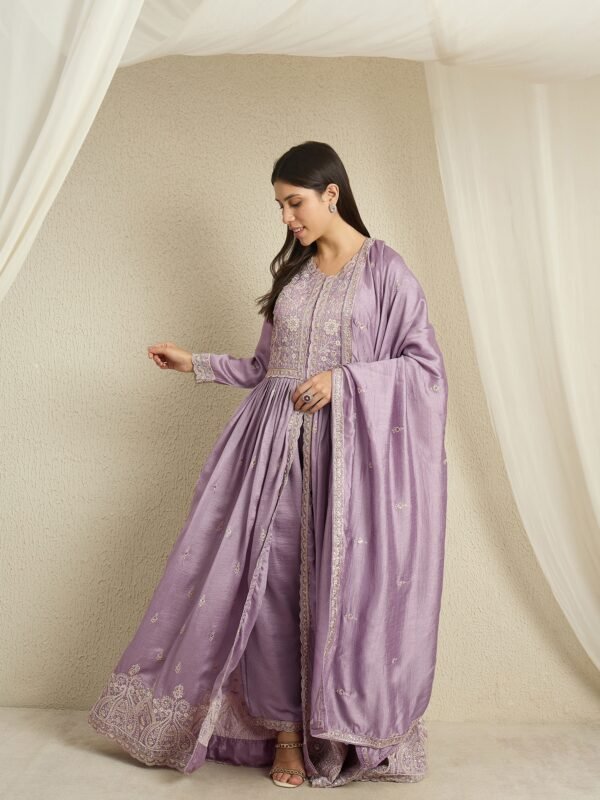 Light Purple Embroidered Anarkali Kurta Palazzo Set in Vichitra Silk