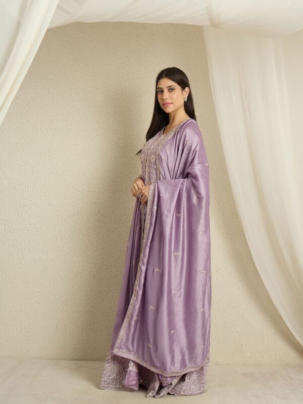 Light Purple Embroidered Anarkali Kurta Palazzo Set in Vichitra Silk
