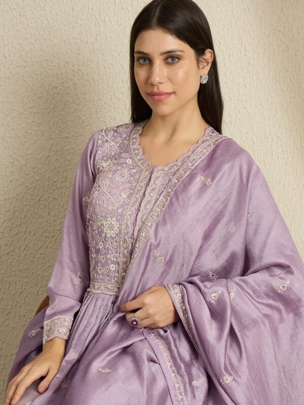 Light Purple Embroidered Anarkali Kurta Palazzo Set in Vichitra Silk