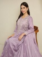 Light Purple Embroidered Anarkali Kurta Palazzo Set in Vichitra Silk