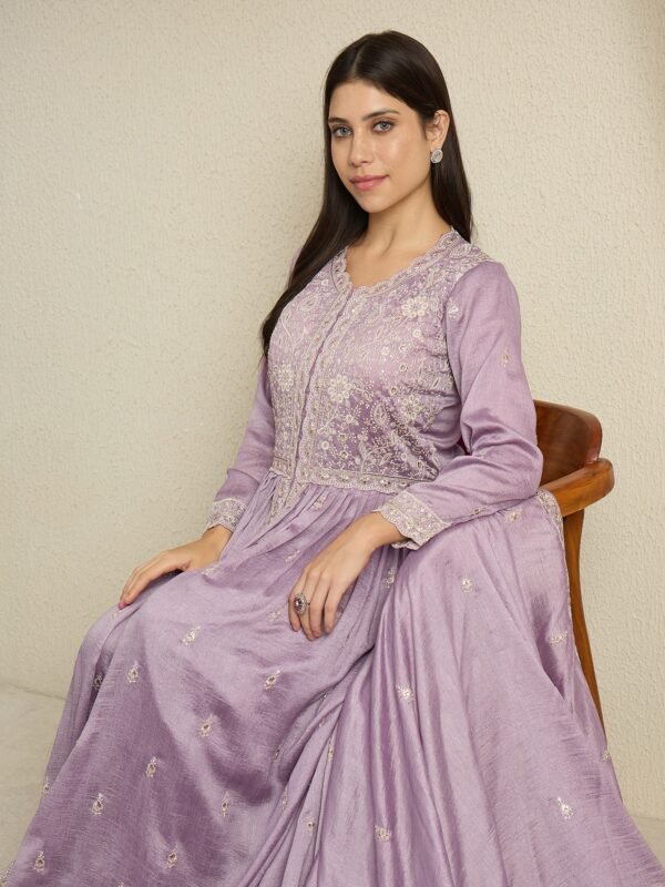 Light Purple Embroidered Anarkali Kurta Palazzo Set in Vichitra Silk