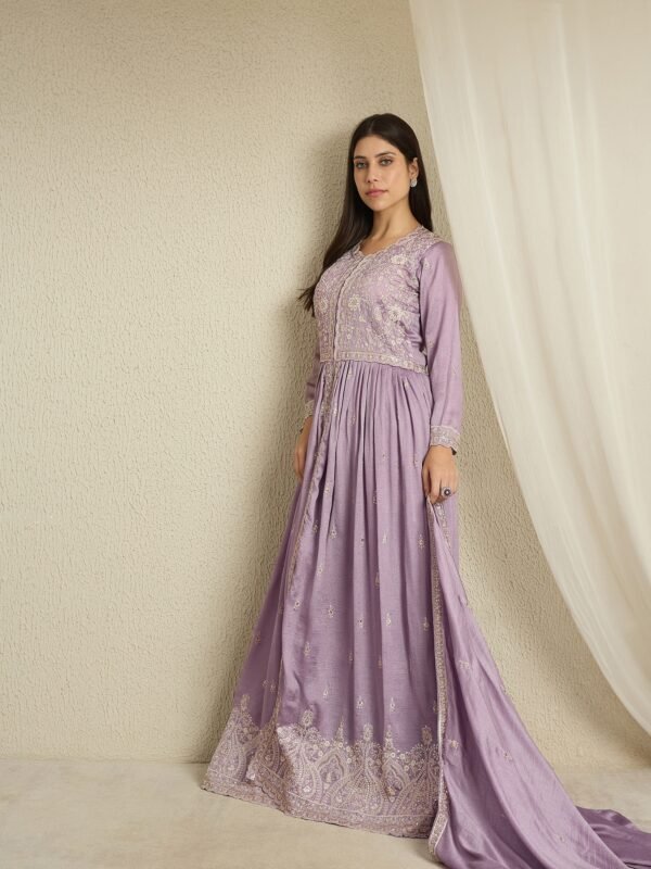 Light Purple Embroidered Anarkali Kurta Palazzo Set in Vichitra Silk