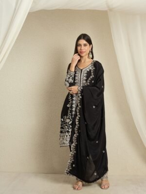 Black Embroidered Chinon Kurta Palazzo | Round Neck | Knee Length
