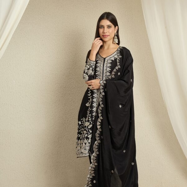 Black Embroidered Chinon Kurta Palazzo | Round Neck | Knee Length