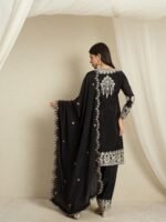 Black Embroidered Chinon Kurta Palazzo | Round Neck | Knee Length