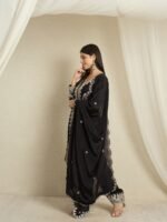Black Embroidered Chinon Kurta Palazzo | Round Neck | Knee Length