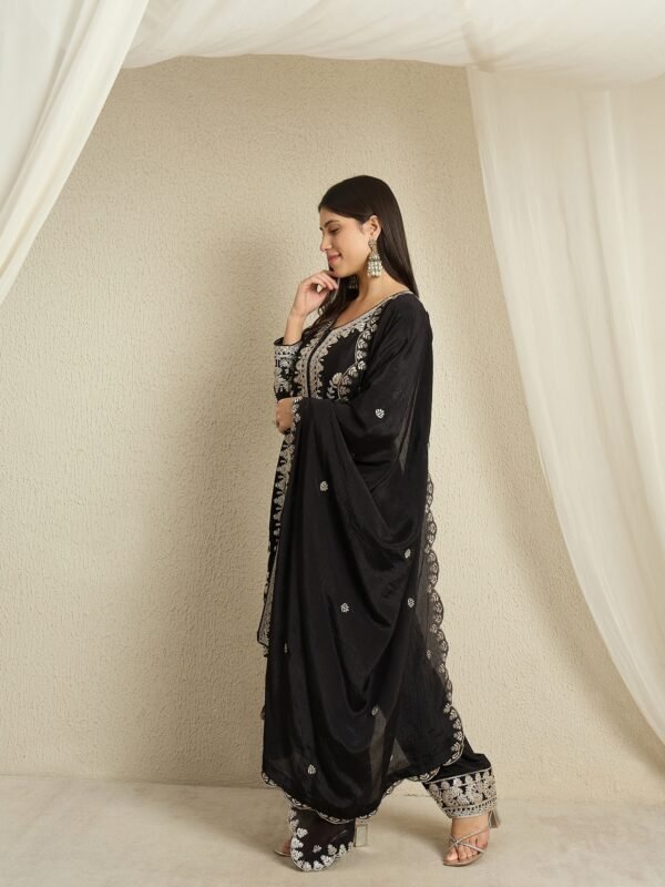 Black Embroidered Chinon Kurta Palazzo | Round Neck | Knee Length
