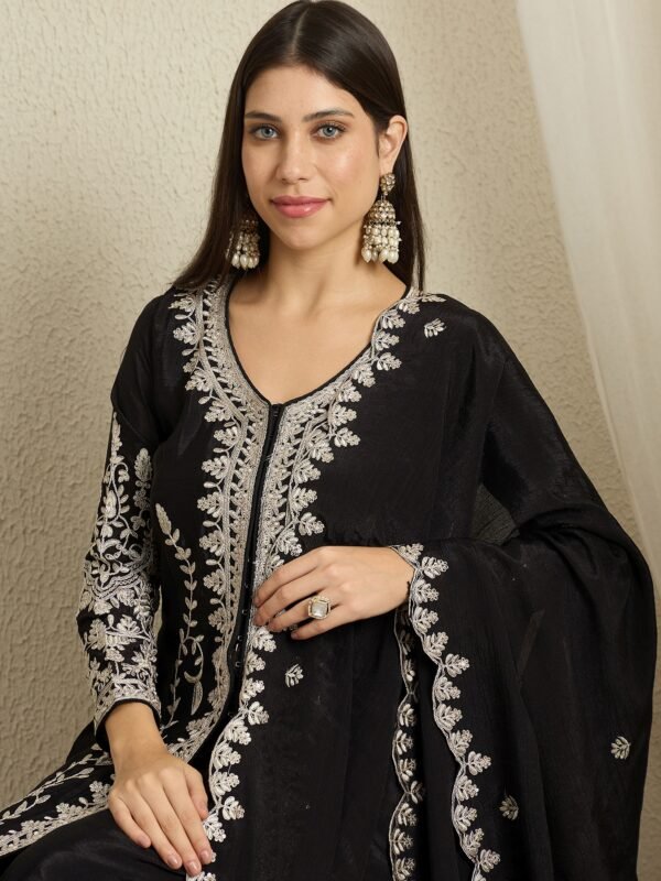 Black Embroidered Chinon Kurta Palazzo | Round Neck | Knee Length