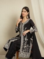 Black Embroidered Chinon Kurta Palazzo | Round Neck | Knee Length