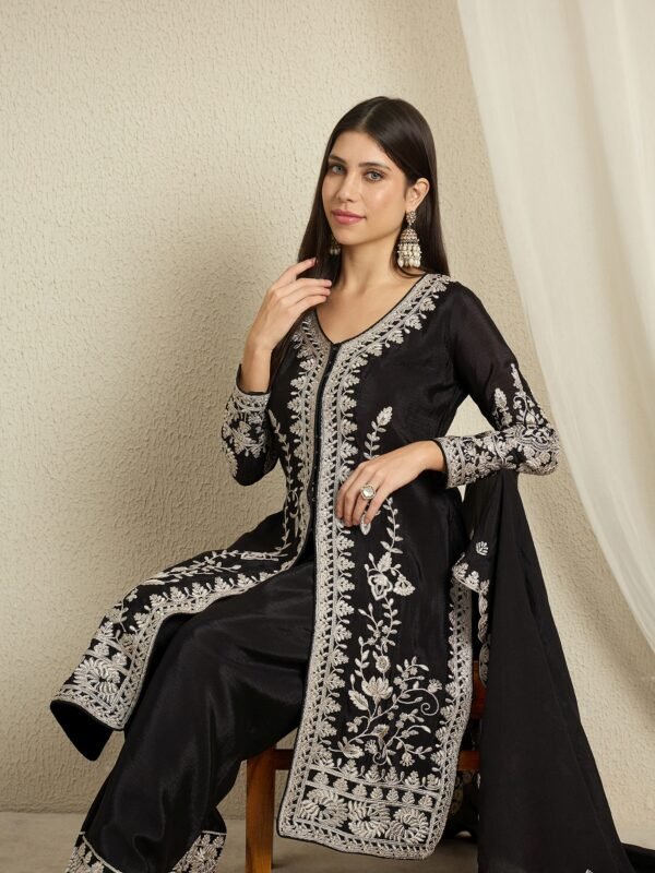 Black Embroidered Chinon Kurta Palazzo | Round Neck | Knee Length