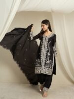 Black Embroidered Chinon Kurta Palazzo | Round Neck | Knee Length