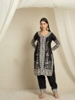 Black Embroidered Chinon Kurta Palazzo | Round Neck | Knee Length