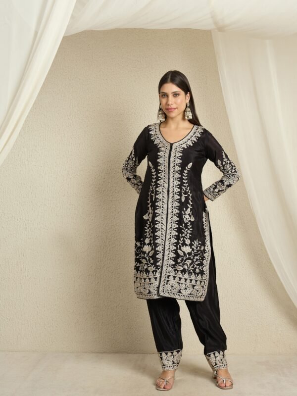 Black Embroidered Chinon Kurta Palazzo | Round Neck | Knee Length