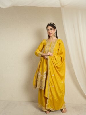Yellow Embroidered Anarkali Kurta Palazzo Set in Chinon Fabric