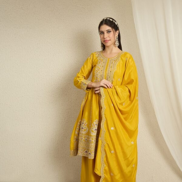 Yellow Embroidered Anarkali Kurta Palazzo Set in Chinon Fabric