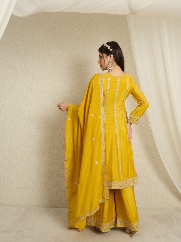 Yellow Embroidered Anarkali Kurta Palazzo Set in Chinon Fabric