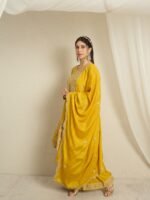Yellow Embroidered Anarkali Kurta Palazzo Set in Chinon Fabric