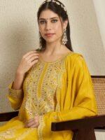 Yellow Embroidered Anarkali Kurta Palazzo Set in Chinon Fabric