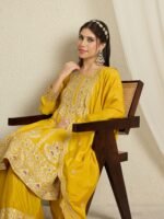 Yellow Embroidered Anarkali Kurta Palazzo Set in Chinon Fabric