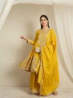 Yellow Embroidered Anarkali Kurta Palazzo Set in Chinon Fabric