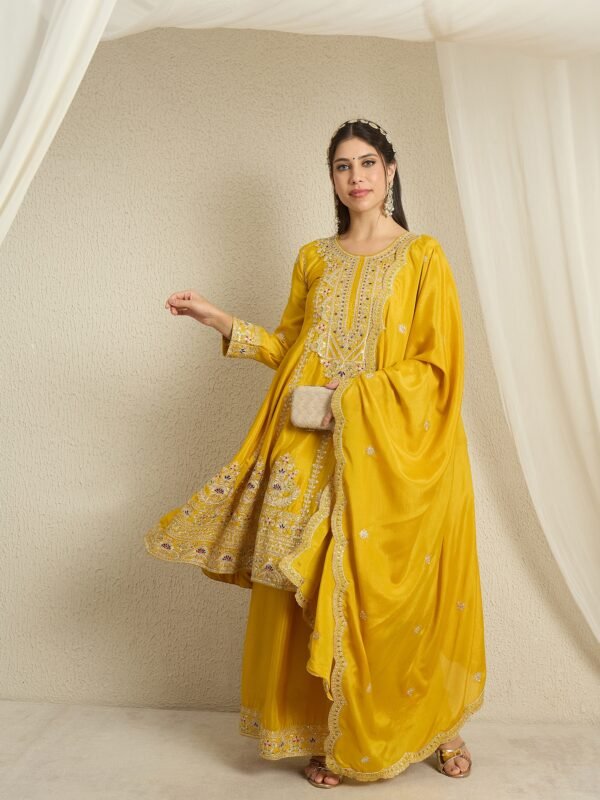 Yellow Embroidered Anarkali Kurta Palazzo Set in Chinon Fabric
