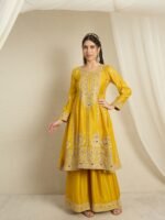 Yellow Embroidered Anarkali Kurta Palazzo Set in Chinon Fabric