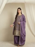 Purple Embroidered A-line Kurta Palazzo Set with Dupatta