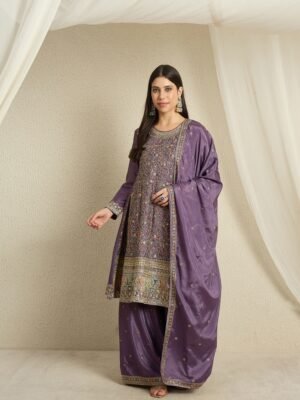 Purple Embroidered A-line Kurta Palazzo Set with Dupatta