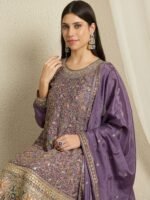 Purple Embroidered A-line Kurta Palazzo Set with Dupatta