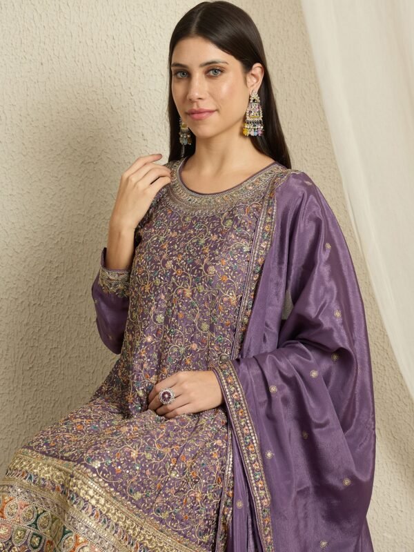 Purple Embroidered A-line Kurta Palazzo Set with Dupatta