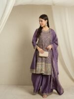 Purple Embroidered A-line Kurta Palazzo Set with Dupatta