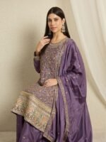 Purple Embroidered A-line Kurta Palazzo Set with Dupatta