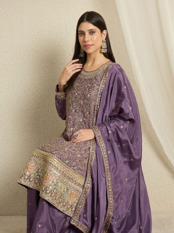 Purple Embroidered A-line Kurta Palazzo Set with Dupatta