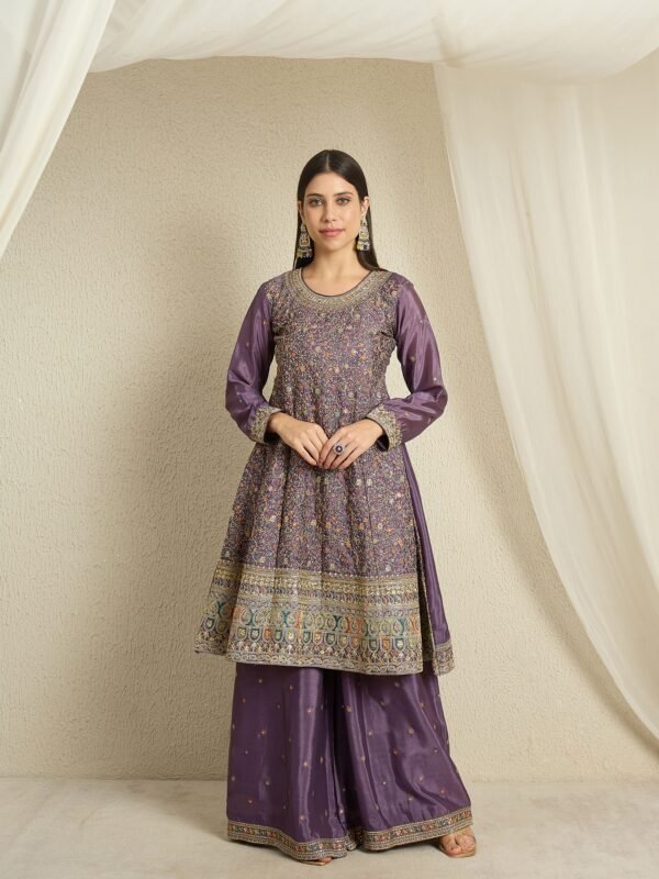 Purple Embroidered A-line Kurta Palazzo Set with Dupatta