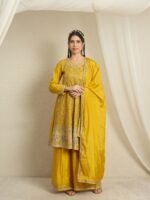 Yellow Embroidered A-line Kurta Palazzo | Round Neck | Knee Length