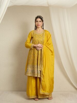 Yellow Embroidered A-line Kurta Palazzo | Round Neck | Knee Length